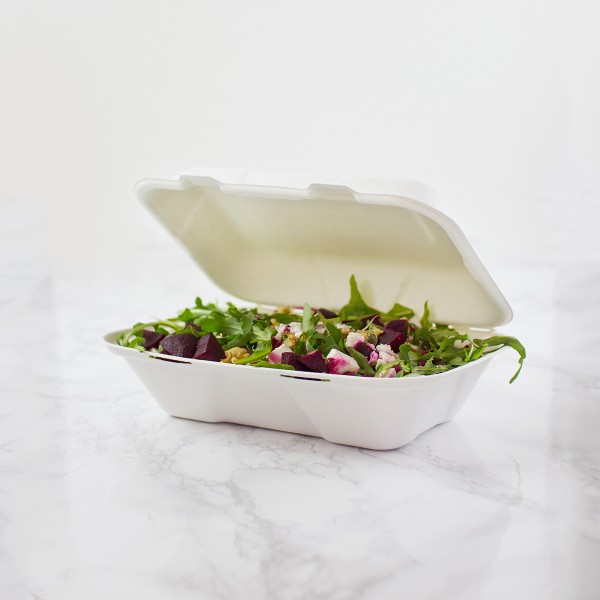 VA-SH89 Vegware Compostable Bagasse Clamshell Take Out Boxes (6-inch x 9-inch) 